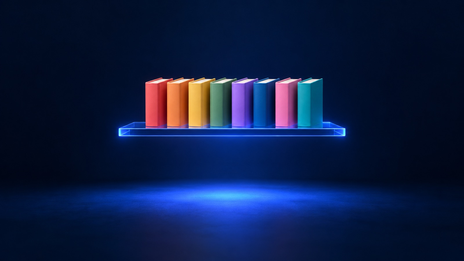 A single glowing shelf of books at the centre of a dark room