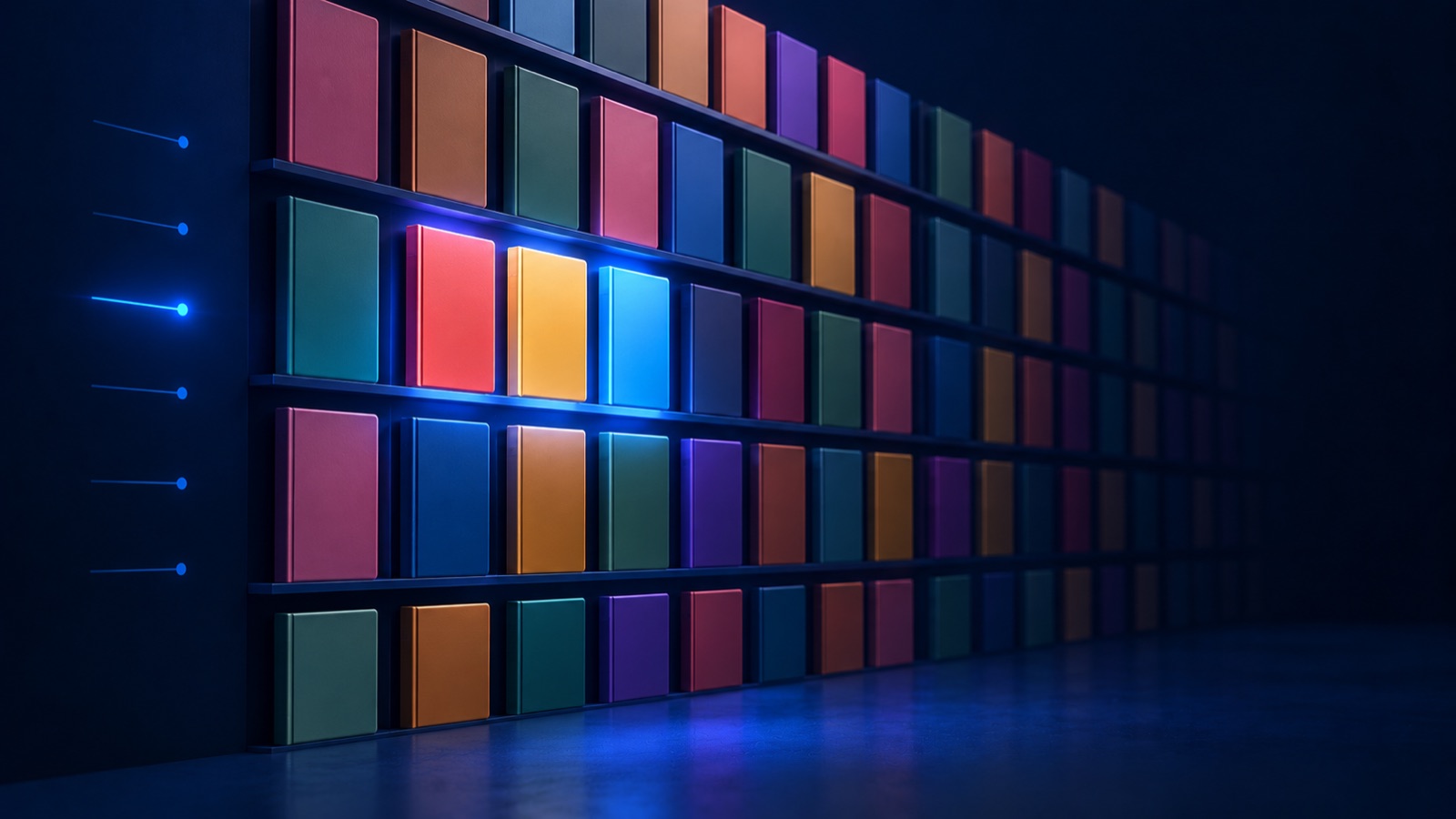 A wall of book covers, three of them lit